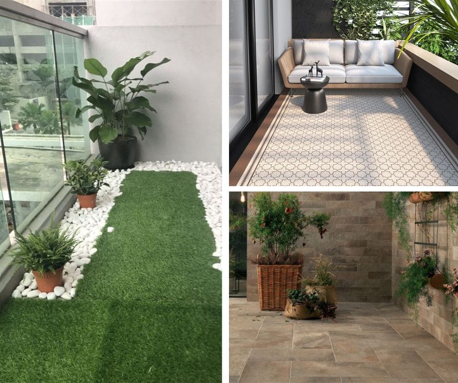 Flooring Balcony via Artificial Grass, Stylish Rugs and Tiles