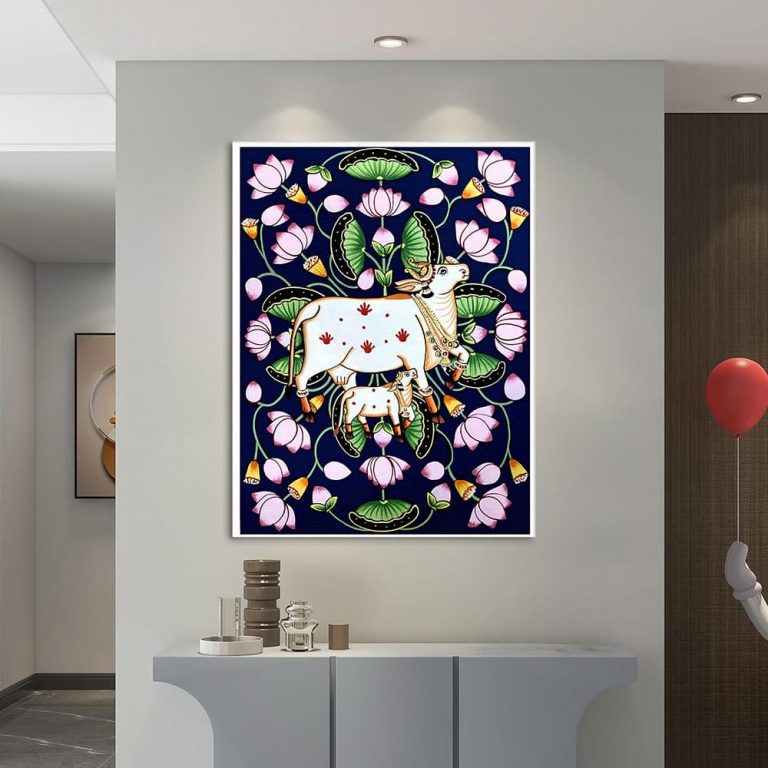 Floral Pichwai Kamdhenu Cow Painting