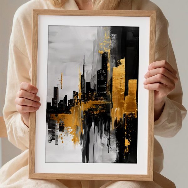 Gilded Skyline on Monochrome Cityscape - Image 2