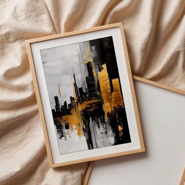 Gilded Skyline on Monochrome Cityscape - Image 3