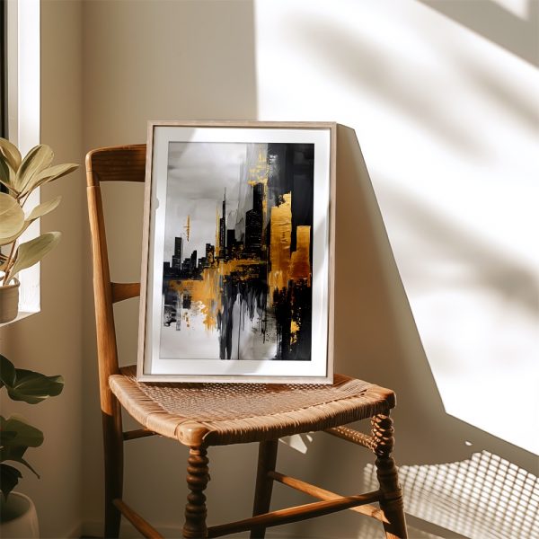 Gilded Skyline on Monochrome Cityscape - Image 4