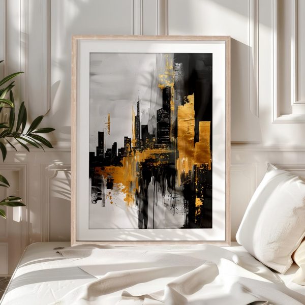 Gilded Skyline on Monochrome Cityscape - Image 5