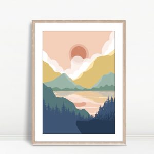 Sunset Behind Mountain Lake View