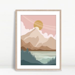 Sunlit Peaks Over Forest Lake