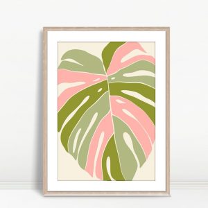 Pink Green Monstera Boho Leaf