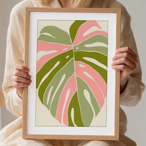 Pink Green Monstera Boho Leaf - Image 2