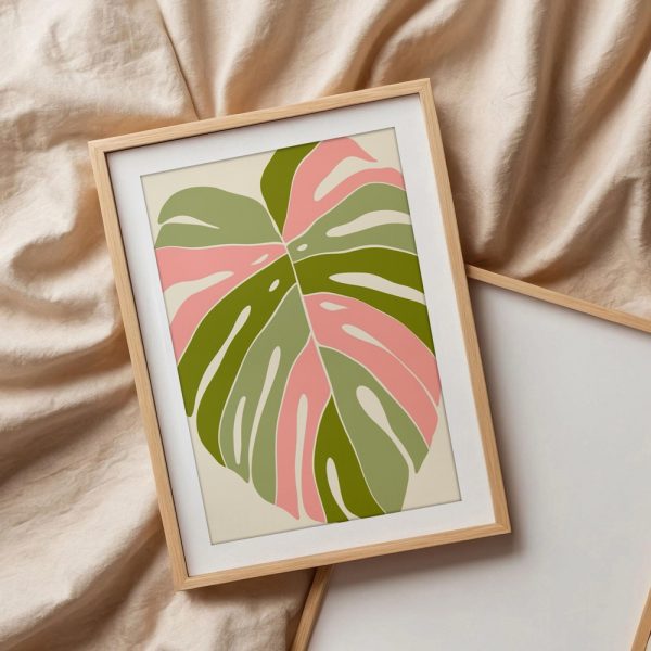 Pink Green Monstera Boho Leaf - Image 3