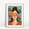 Woman with Orange Flowers Blue Background