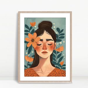 Woman with Orange Flowers Blue Background