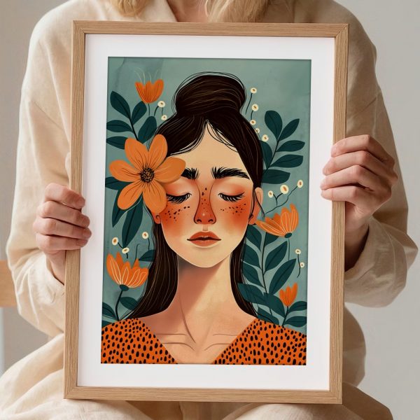 Woman with Orange Flowers Blue Background - Image 2