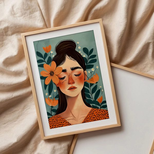 Woman with Orange Flowers Blue Background - Image 3