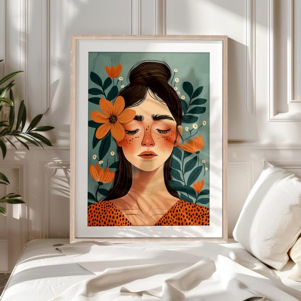 Woman with Orange Flowers Blue Background - Image 5
