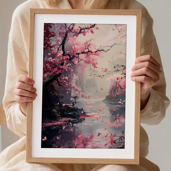 Enchanted Cherry Blossom River Landscape - Image 2