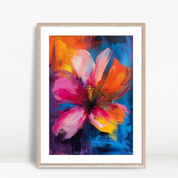 Vivid Abstract Bloom On Blue Canvas