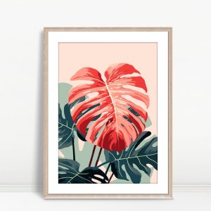 Coral Monstera Leaf Botanical Art