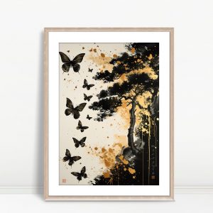 Golden Butterflies And Ink Pine