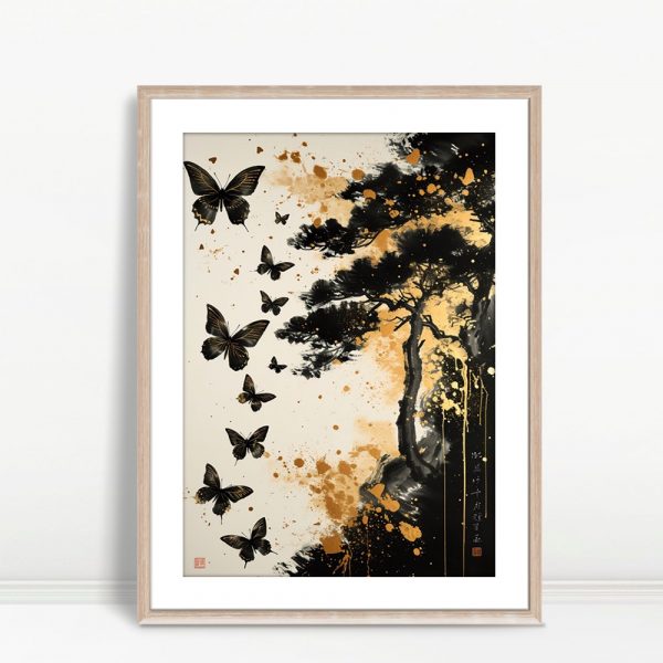 Golden Butterflies And Ink Pine