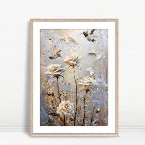 Hummingbirds And Ivory Roses With Gold