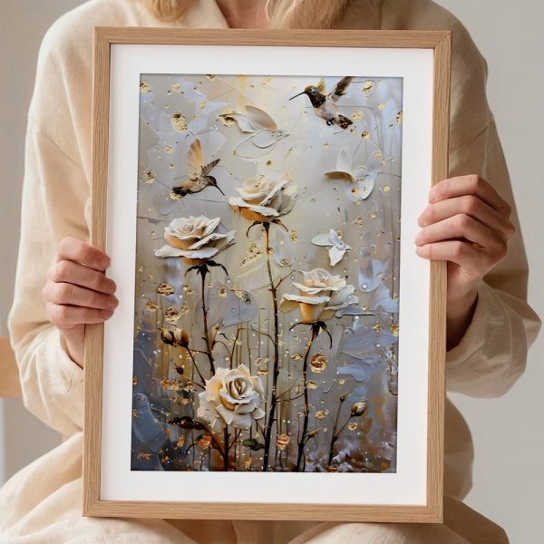 Hummingbirds And Ivory Roses With Gold - Image 2