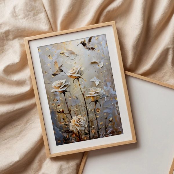 Hummingbirds And Ivory Roses With Gold - Image 3
