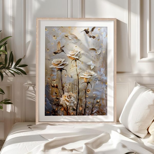 Hummingbirds And Ivory Roses With Gold - Image 5