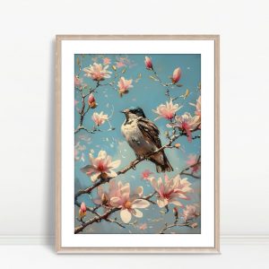 Songbird With Blossoms Under Blue Sky