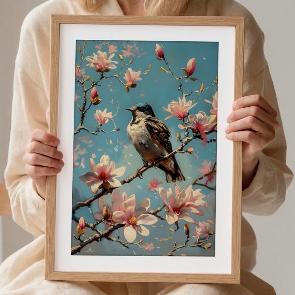 Songbird With Blossoms Under Blue Sky - Image 2