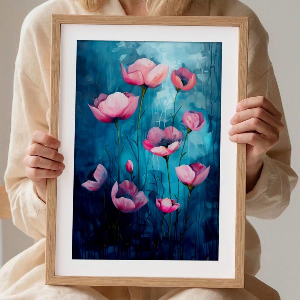 Pink Poppies On Luminous Teal - Image 2