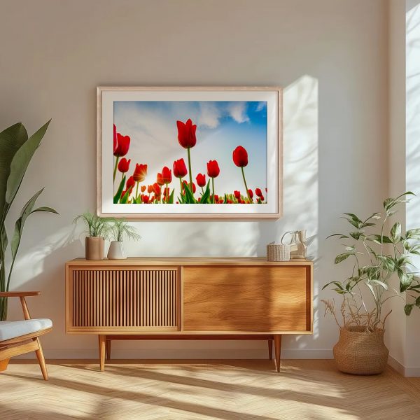 Scarlet Tulips Under Blue Sky - Image 5