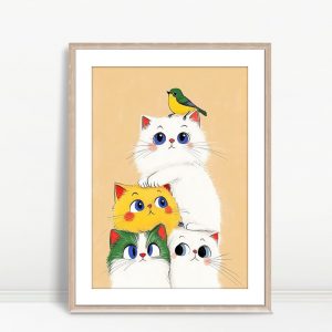 Stacked Kittens With Bird Friends