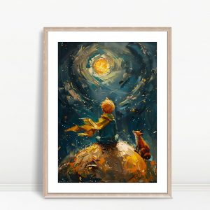 Boy And Fox Under Swirling Stars