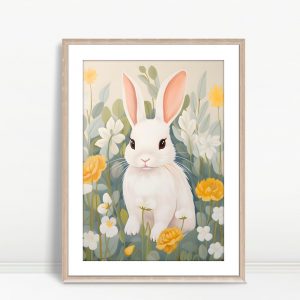 White Bunny In Yellow Flower Meadow