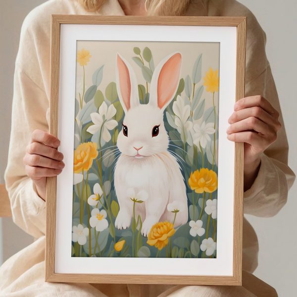 White Bunny In Yellow Flower Meadow - Image 2