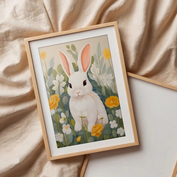 White Bunny In Yellow Flower Meadow - Image 3