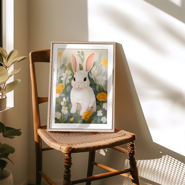 White Bunny In Yellow Flower Meadow - Image 4