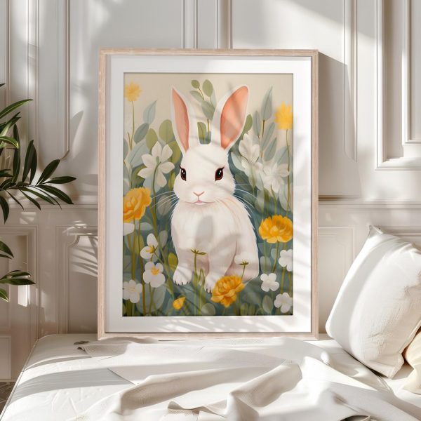 White Bunny In Yellow Flower Meadow - Image 5