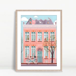 Pink House With Bicycle Kids Illustration