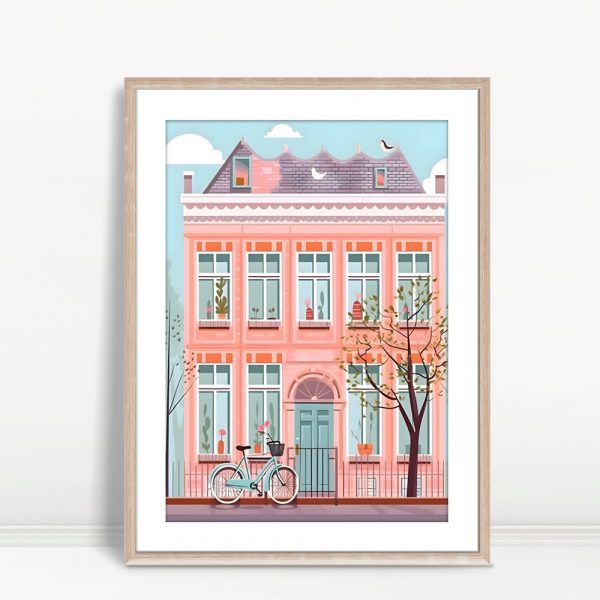 Pink House With Bicycle Kids Illustration