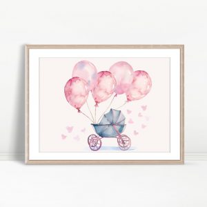 Pink Balloon Baby Carriage Illustration