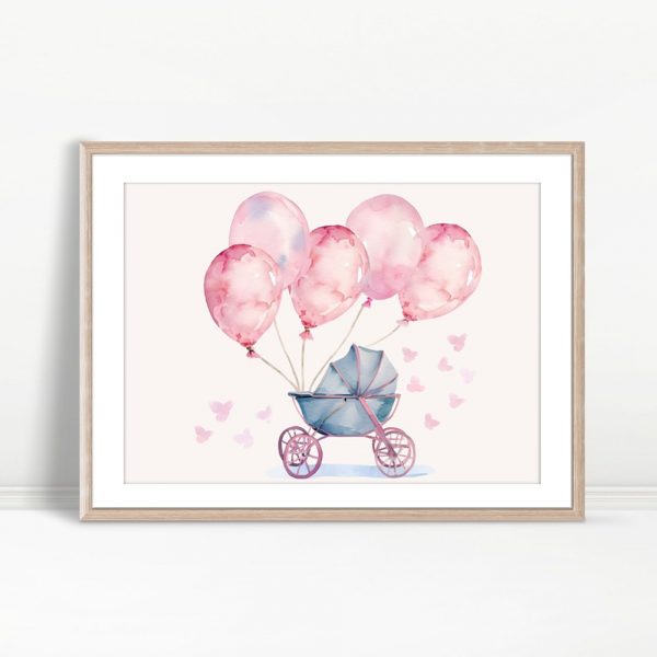 Pink Balloon Baby Carriage Illustration