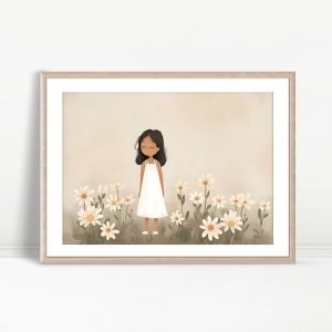 Girl In White Dress Among Daisies