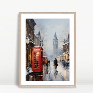 Red Telephone Booth In Snowy London