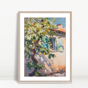 Sunlit Lemon Tree Against Cottage