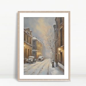 Snowy City Street With Vintage Cars