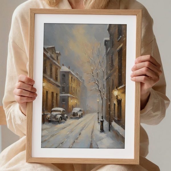 Snowy City Street With Vintage Cars - Image 2