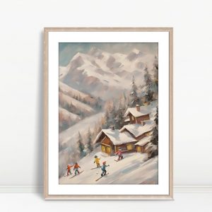 Skiers Descending By Mountain Cabins