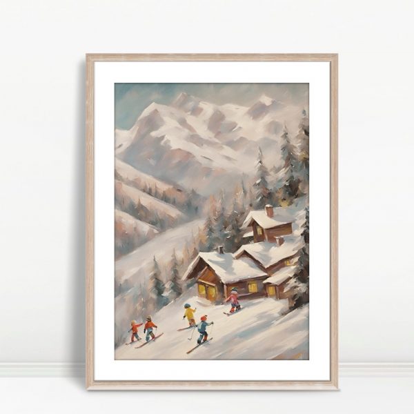 Skiers Descending By Mountain Cabins