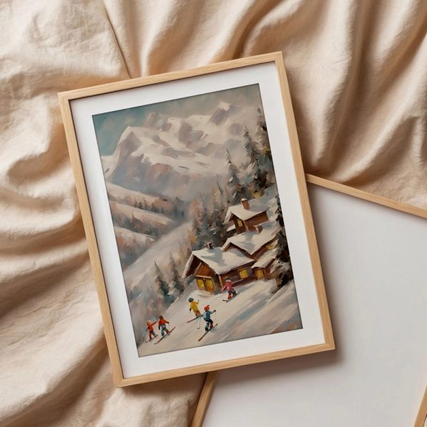 Skiers Descending By Mountain Cabins - Image 3
