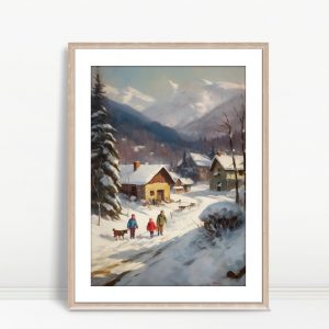 Children Walking In Snowy Village