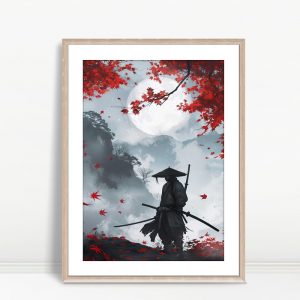Samurai Under Red Maple Moonlight